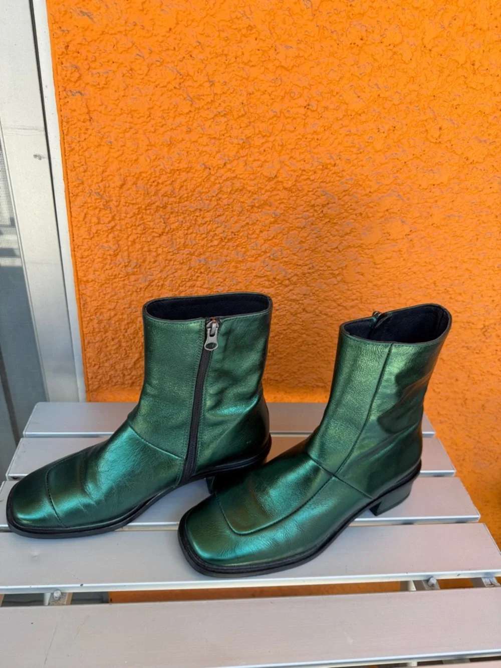 L-Intervalle Metallic Emerald‎ Green Stitched Ankle Boots Low Block Heel Zipper
